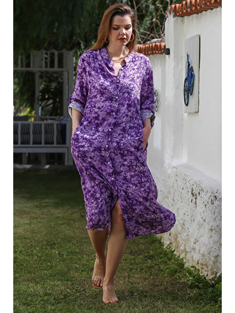 Chiccy Mor Hakim Yaka Düğmeli Uzun Kollu Gizli Cepli Casual Viskon Dokuma Elbise 125 65 - S000367741-20042