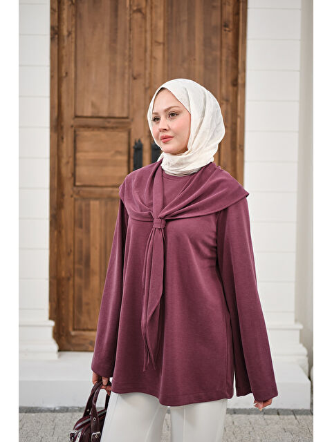 Locco Moda Kadın Yaka Pelerin Bağlamalı Bisiklet Yaka Tunik Mürdüm - S000530224-20036