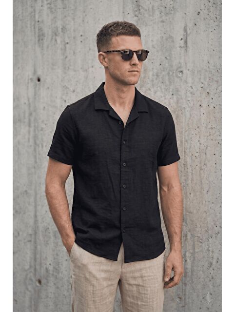 Oksit Alfio Erkek Apaş Yaka Kendinden Dokulu Kısa Kollu Yazlık Gömlek