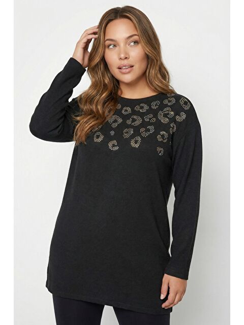 Stil Diva Büyük Beden Yumoş Dokulu Siyah Taşlı Tunik Kazak 520926 - S000501032-19351