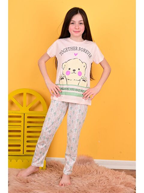 Vitmo Kız Çocuk Kısa Kollu Pijama Takımı Together Forever Somon - S000388255-24085