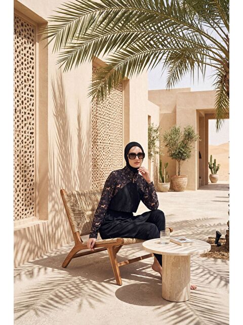 Haşema Vaha Koleksiyonu Kolları Desenli Siyah 5 Parça Tam Tesettür Mayo Takımı 5082