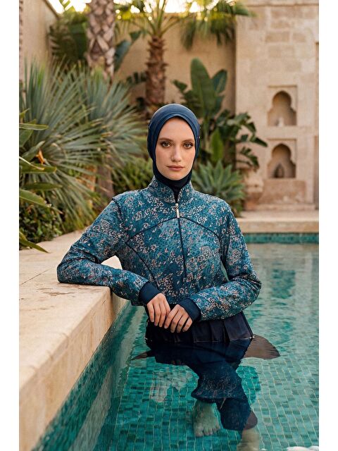 Haşema Vaha Koleksiyonu Desenli Lacivert 5 Parça Tam Tesettür Mayo Takımı 5088