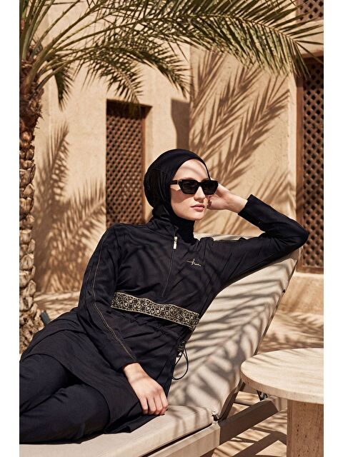 Haşema Vaha Koleksiyonu Altın Renk Nakış Detaylı 5 Parça Tam Tesettür Mayo Takımı 5086