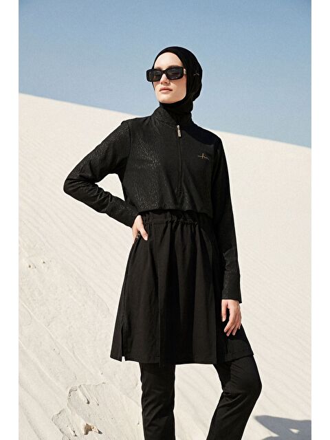 Haşema Vaha Koleksiyonu Dokulu Kumaş Siyah 5 Parça Tam Tesettür Mayo Takımı 5081