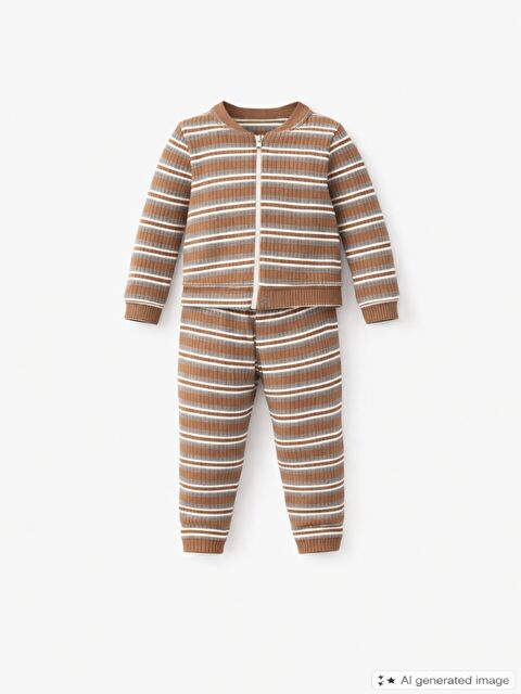 Mai Perla Unisex Çocuk Takımı Organik Pamuklu Şardonlu Kışlık Hırkalı Çizgili İkili Takım (1-5 Yaş) - S000508600-4280