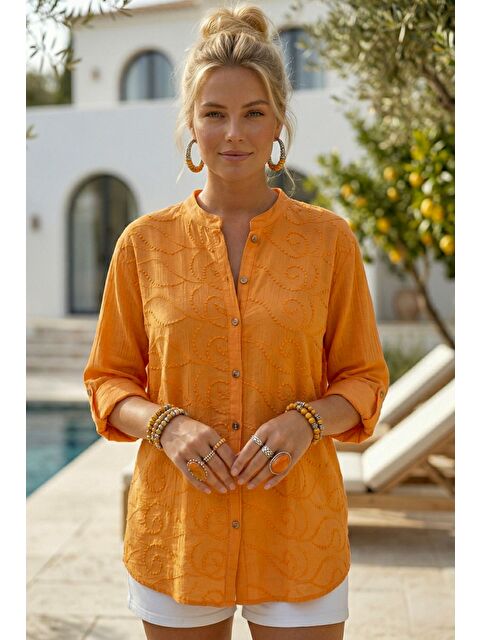 Chiccy Turuncu Hakim Yaka Düğmeli Uzun Kollu Düğmeli Casual Müslin Dokuma Gömlek 75 63