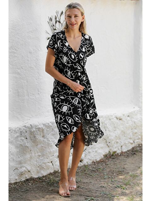 Chiccy Siyah-Beyaz V Yaka Düşük Kol Allover Baskılı Dokuma Casual Bürümcük Elbise - S000359029-37424