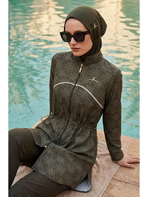 Haşema Vaha Koleksiyonu Taytlı Pantolonlu Palmiye Desenli 6 Parça Tam Tesettür Mayo Takımı 5095