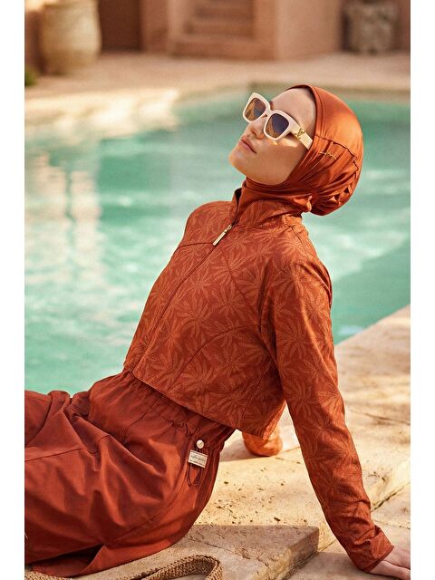 Haşema Vaha Koleksiyonu Palmiye Desenli Kiremit Renk 5 Parça Tam Tesettür Mayo Takımı 6028