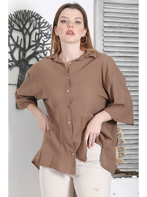 Chiccy Açık Kahve 3/4 Kol Sedef Düğmeli Yırtmaçlı Casual Pamuk Dokuma Gömlek - S000358958-29705