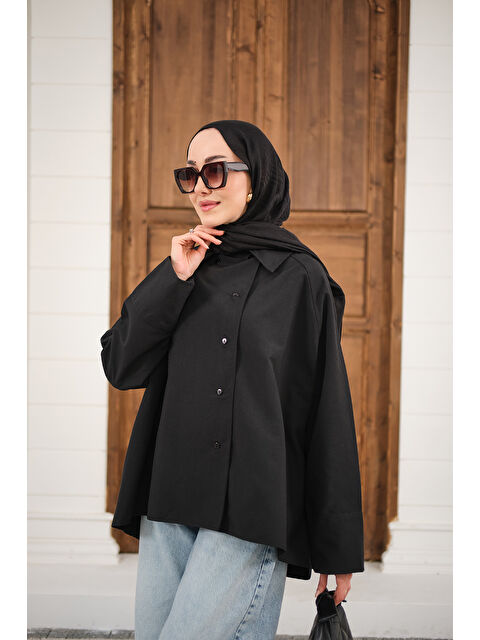 Locco Moda Kadın Gömlek Yaka Düğmeli İnce Kısa Trenç Siyah - S000527110-19351