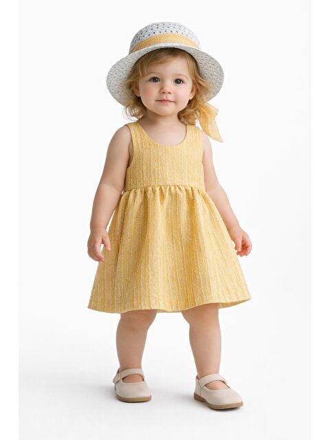 Chicsy Baby Tarz Simli Elbise Şapkalı Fiyonk Detaylı Yazlık 2’li Kombin Tatlı Kız Bebek