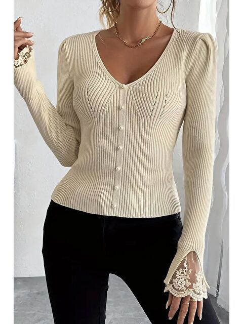 Gülseli Kol Güpür Detaylı V Yaka Triko Bluz - S000445952-19928