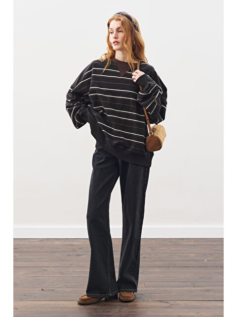 Manuka Oversıze Çizgili Sweatshırt Siyah - S000469387-19351
