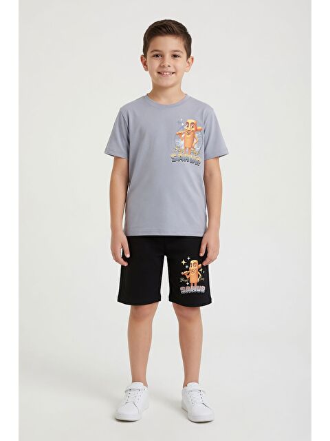 Cansın Mini Füme Erkek Çocuk Bisiklet Yaka Tişörtlü Şortlu 2li Baskılı Takım 24003