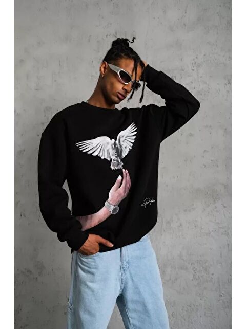 Jane's Erkek Güvercin Baskılı Sweatshirt - Siyah