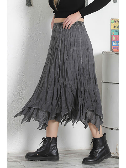 Chiccy Gri Astarlı Yıkamalı Lastikli Bel Casual Asimetrik Dokuma Etek - S000331913-20600