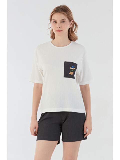 Fullamoda Bürümcük Kumaş Ayıcık Nakışlı Cepli Şortlu Takım - S000391969-29666