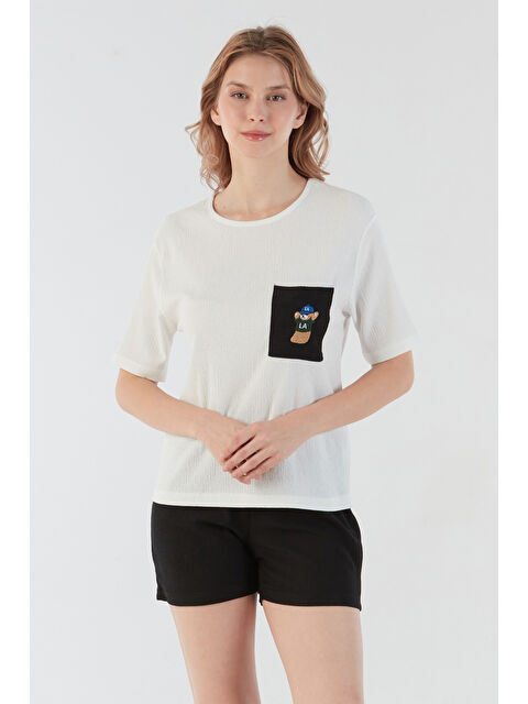 Fullamoda Bürümcük Kumaş Ayıcık Nakışlı Cepli Şortlu Takım - S000391969-19351