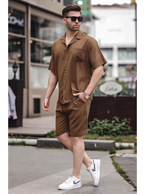Madmext Erkek Kahverengi Basic Oversize Gömlek %100 Pamuk Takımı 5588 - S000031405-19413
