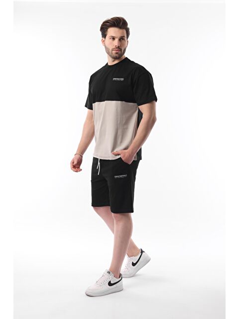 Madmext Siyah Baskılı Renk Bloklu Pamuklu Ayarlanabilir Bel Şort %100 Pamuk Takım 5952 - S000437707-19351