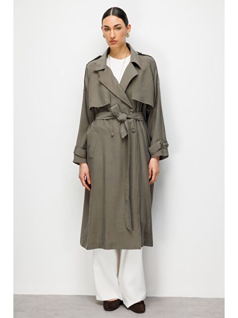 Mizalle Hakı Oversize Haki Lyocell Trençkot