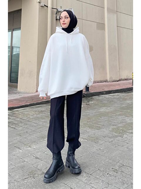 Lamelif Kapüşonlu Oversize Yan Cepli Sweat Beyaz - S000517852-20063