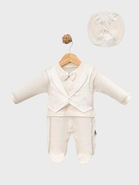 Jijek Premium Kız Bebek Hastane Çıkışı 3’lü Set Ekru – Dantelli İnci İşlemeli Yenidoğan Tulum Takım - S000531672-19965