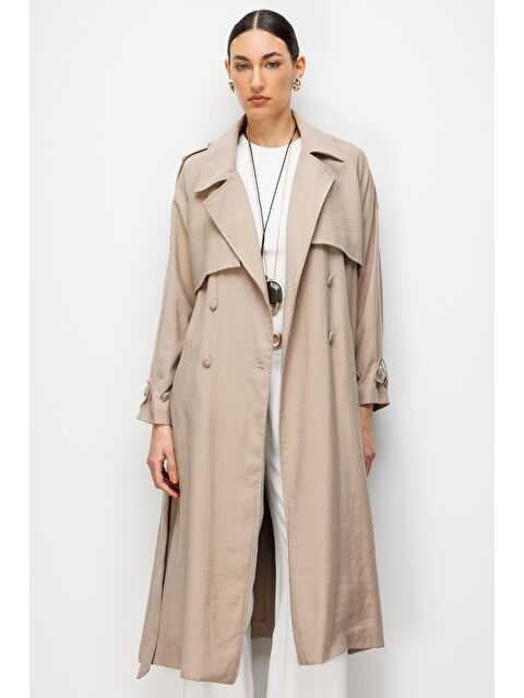 Mizalle Oversize Bej Rengi Lyocell Trençkot