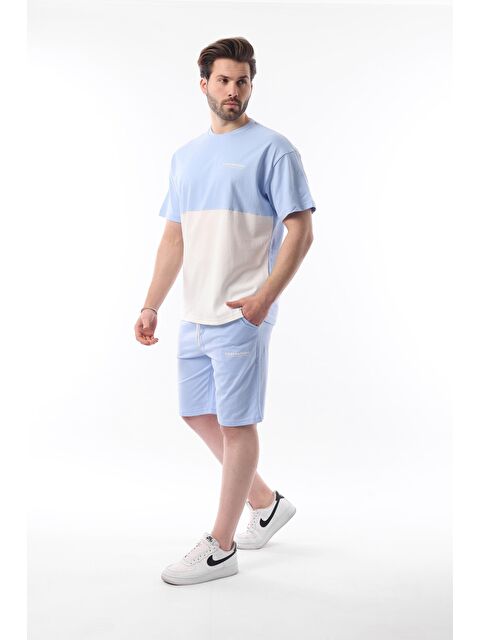 Madmext Mavi Baskılı Renk Bloklu Pamuklu Ayarlanabilir Bel Şort %100 Pamuk Takım 5952 - S000437707-17234