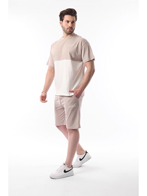 Madmext Bej Baskılı Renk Bloklu Pamuklu Ayarlanabilir Bel Şort %100 Pamuk Takım 5952 - S000437707-19928