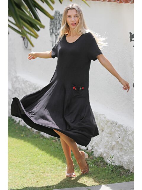 Chiccy Siyah Havuz Yaka Kısa Kol Cepli Püsküllü Örme Casual Elbise - S000359031-19351