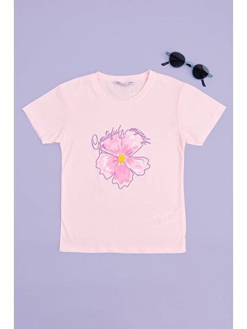 Fullamoda Çiçek Baskılı Bisiklet Yaka Kız Çocuk Tişört