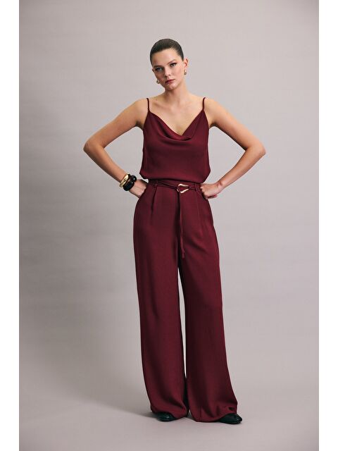 SATEEN Kemerli Salaş Pantolon - Mürdüm - S000389157-20036