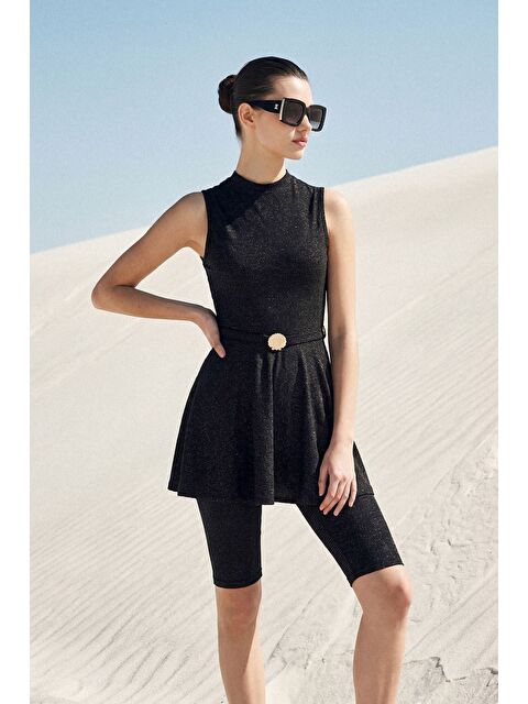 Haşema Vaha Koleksiyonu Simli Kumaş Siyah 4 Parça Yarı Kapalı Mayo Takımı 5079