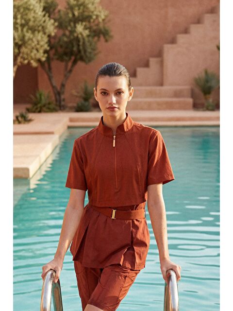 Haşema Vaha Koleksiyonu Dokulu Kumaş Kiremit Renk 5 Parça Yarı Kapalı Mayo Takımı 6030