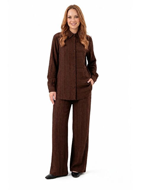 Nuss Önü Düğmeli Gömlek Pantolonlu Takım 1055 Kahverengi