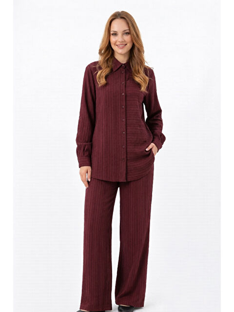 Nuss Önü Düğmeli Gömlek Pantolonlu Takım 1055 Mürdüm