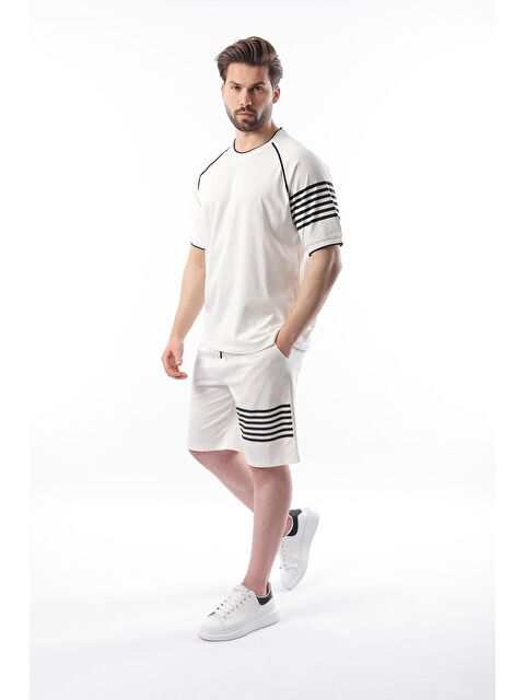 Madmext Ekru Baskılı Reglan Kol Erkek Şort T-Shirt %100 Pamuk Takımı E7306 - S000437711-19965