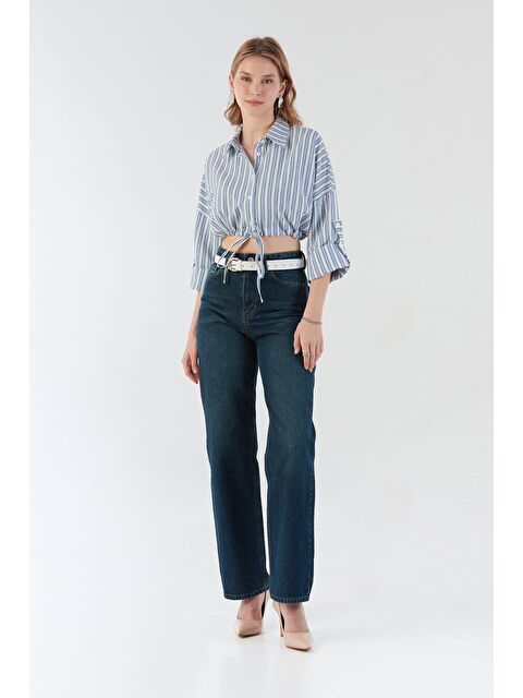 Fullamoda Çizgili Önü Bağlamalı Crop Gömlek - S000380906-17234