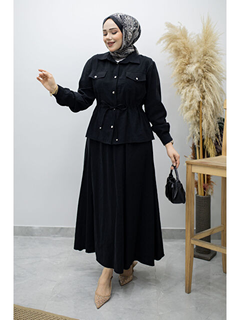 Tesettür Dünyası Cepli Beli Büzgülü Etekli Takım TSD260171 Siyah