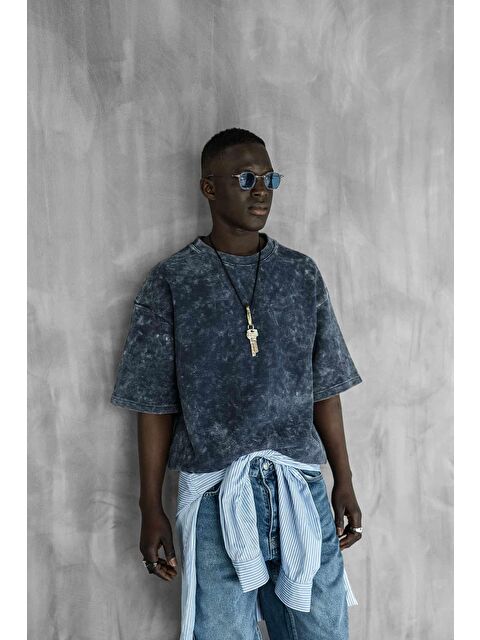 Abluka Online Erkek Desenli Waffle Kumaş Yıkamalı Oversize Tişört Mavi - S000365679-17234