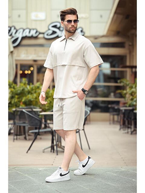 Madmext Taş Rengi Fermuarlı Polo Yaka Erkek Şort Gömlek Takımı E7314 - S000437713-25636