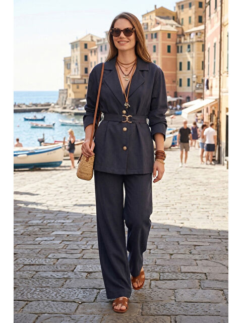 Lela Kruvaze Yaka Kemer Detaylı Bol Paça Kadın Takım 6928927