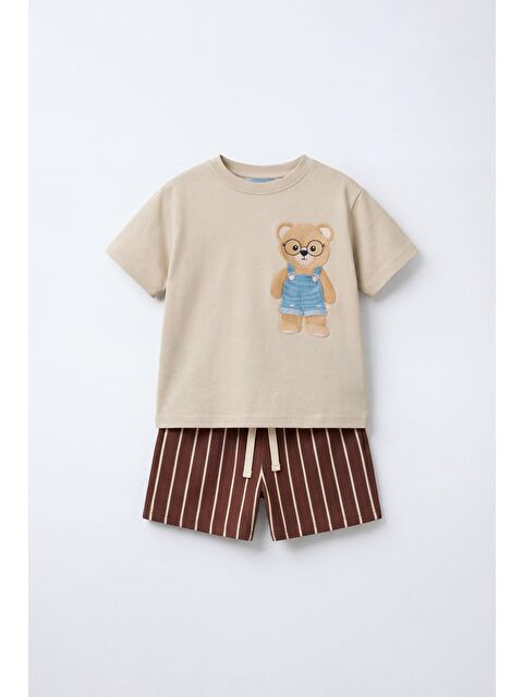 Magu Çocuk Pamuklu Bej Ayıcık Baskılı Tişört Çizgili Şort Takım