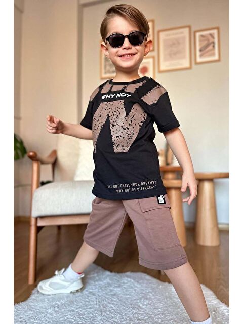 Riccotarz Erkek Çocuk W Harf Why Not Baskılı T-Shirt Kahverengi Şortlu Takım - S000393408-19413