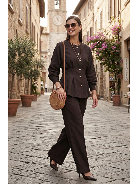 Lela Düğmeli Bisiklet Yaka Yüksek Bel Geniş Paça Kadın Takım 6928930