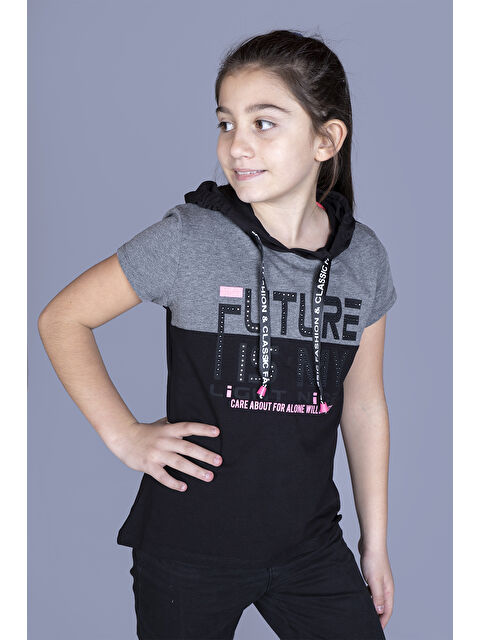 Toontoykids Kız Çocuk Kapüşonlu Baskılı Garni Detaylı Tişört - S000359034-19351