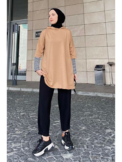 Lamelif Kolu Çizgi Detaylı Kapüşonlu Sweat Sütlü Kahve - S000517861-4280